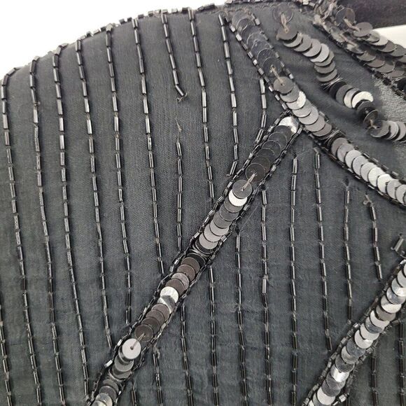 Vintage 80s Silk Black Beaded Sequined Short Sleeve Flapper Dress Sz M Cutout - Picture 8 of 14